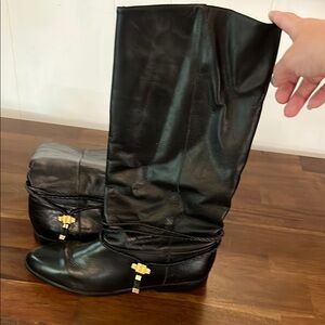 Black Leather Knee-High Boots with Gold Accents